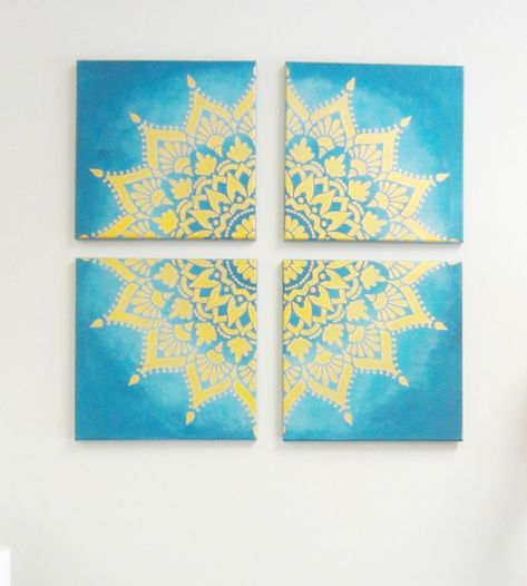 create custom canvas artwork in an hour with a mandala stencil Stencil Canvas Art Diy, Stencil Art On Canvas, Painting With Stencils On Canvas, Mandala Art Canvas Painting, Stencil Painting Canvas, Diy Mandala Wall Art, Yoga Mandala, Stencils Painting, Canvas Art Projects