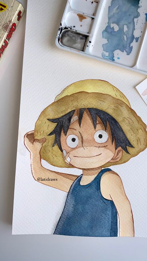 One Piece Watercolor Art, Watercolor Cartoon Characters, Manga Watercolor Anime Art, Luffy Watercolor, Anime Drawing Watercolor, One Piece Watercolor, Watercolor Anime Art, Anime Watercolor Art, Luffy Art