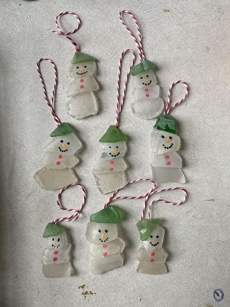 Yarmouth N.S. Events and Promotions | Working on Christmas ornaments lol | Facebook Sea Glass Snowman, Sea Glass Christmas Crafts, Sea Glass Christmas Trees, Sea Glass Art Projects, Beach Glass Crafts, Plaster Paint, Glass Snowman, Glass Art Projects, Glass Tree