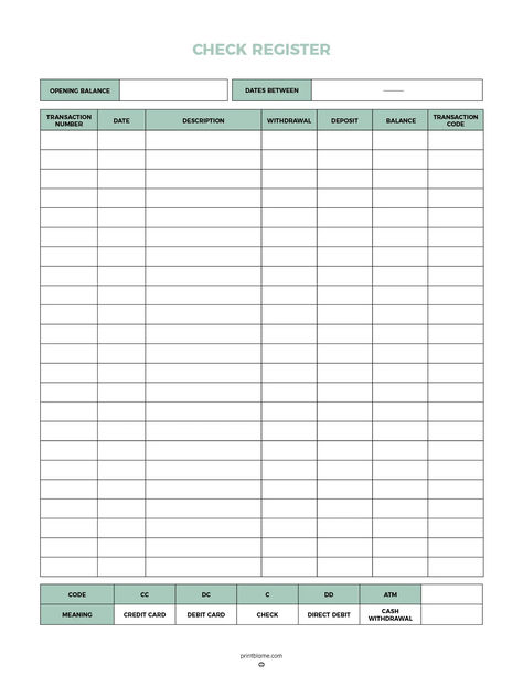 A free printable check register with columns for transaction details, including date, description, withdrawal, deposit, and balance, along with transaction code categories. Check Register Free Printable, Printable Check Register, Diy Cards For Boyfriend, Printable Checks, Business Accounting, Household Expenses, Small Business Accounting, Check Register, Personal Budget