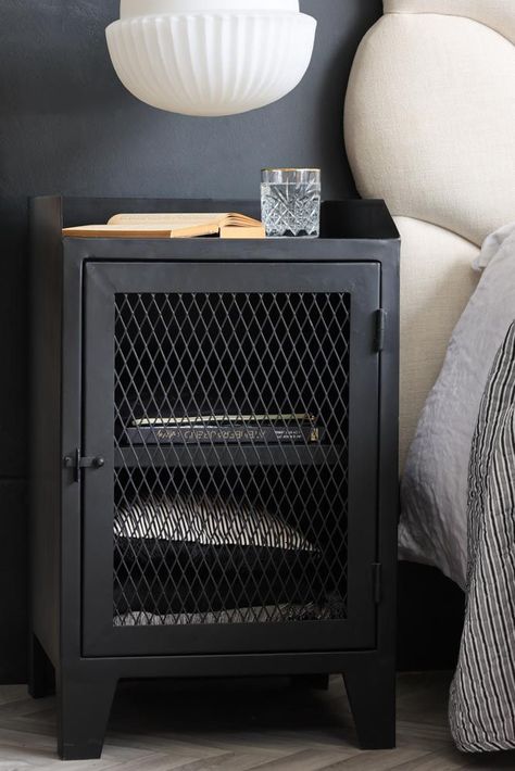 Metal Bedside Cabinet, Mens Bedside Table, Black Metal Bedside Table, Locker Bedside Table, Room Cool Ideas, Black Bedside Cabinets, Industrial Style Bedside Table, Cool Bedside Tables, Unusual Bedside Tables