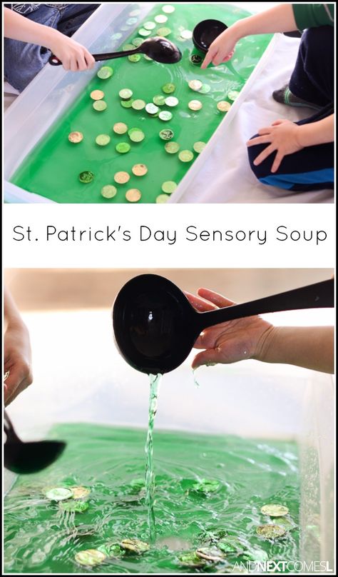 St. Patrick's Day themed sensory bin idea for kids - a great way for toddlers and preschoolers to work on fine motor skills from And Next Comes L St Patricks Activities, March Themes, March Crafts, St Patricks Crafts, St Patricks Day Crafts For Kids, March Activities, St Patrick Day Activities, Daycare Activities, Saint Patties