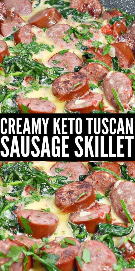 Creamy Keto Tuscan Sausage Skillet #creamyketotuscansausageskillet #tuscansausageskillet Keto Meals With Kielbasa, Spinach And Kielbasa Recipes, Paleo Kielbasa Recipes, Keto Recipes Smoked Sausage, 0 Carb Dinners, Low Carb Recipes Kilbasa, Simple Keto Salads, Keto Recipes Italian Sausage, Keilbasa Recipes Pasta Spinach