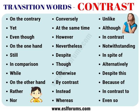 List of 30+ Useful Contrast Transition Words for Writing Essay - ESL Forums Words For Writing, List Of Transition Words, Contrast Words, Transition Words, Best Essay Writing Service, Ielts Writing, English Vocab, Dissertation Writing, English Writing Skills