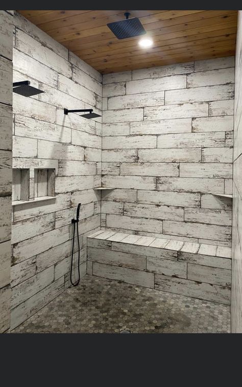 Brick In Shower Walk In, Rustic Master Bath Shower Ideas, Flooring Farmhouse Style, Rustic Bathroom Shower Tile, Farmhouse Master Bathrooms With Walk In Showers, Rustic Wet Room Bathroom, Rustic Walk In Shower Ideas Tile, Western Shower Tile, Farmhouse Walk In Shower Ideas