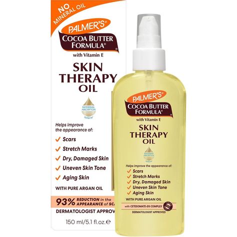 Palmer's Cocoa Butter Formula Skin Therapy Oil is an advanced multi-purpose skin perfection product that can be used all over the body. This preservative-free, lightweight formula contains an exclusive blend of key ingredients such as Vitamin E, Cetesomate-E, Sesame Oil, Canola Oil, and Rosehip Oil, formulated to help improve the appearance of scars, stretch marks, dry, damaged skin, uneven skin tone, aging skin and fine lines and wrinkles. This non-greasy, hypoallergenic, lightweight oil will l Cocoa Butter Formula Skin Therapy Oil, Skin Therapy Oil, Palmer's Cocoa Butter, Oils For Scars, Moisturizing Body Oil, Palmers Cocoa Butter, Cocoa Butter Formula, Oil For Dry Skin, Oil Skin Care