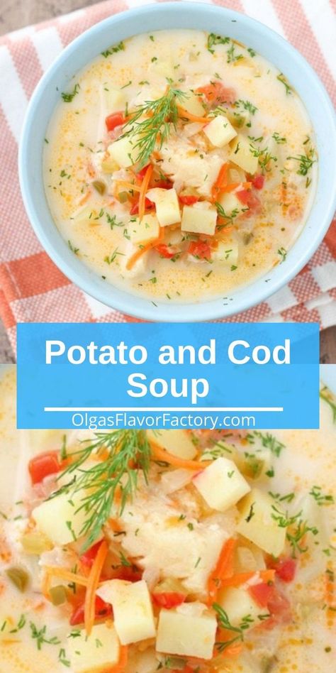 Potato and Cod Soup is such a comforting and delicious soup, full of vegetables that add so much flavor and texture. With onions, carrot, celery, garlic, peppers and tomatoes, they pair so well with the potatoes and the cod. Fish Chowder Recipe New England, Cod Soup, Fish Stew Recipes, Seafood Soup Recipes, Fish And Vegetables, Seafood Soup, Soup Recipes Slow Cooker, Soup And Stew, Healthy Fish