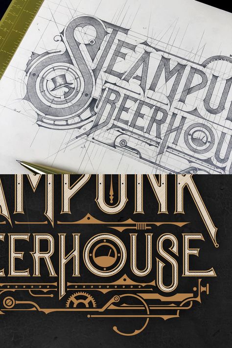 Steampunk Typography, Steampunk Logo, Ornamental Lettering, Industrial Lettering, Steampunk Font, Job Logo, Beer House, Online Logo Design, Tattoo Lettering Fonts