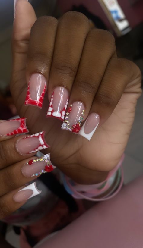 White French Tips With Red Design, White French Tip, Red Design, Acrylic Nails, Nail Designs, Nails, Red, Design