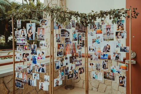 Dance duo ScRach MarcS's rustic, English-style wedding celebration that included a dance party! | Her World Picture Party Decorations, Pictures On Tables At Party, Pictures As Party Decorations, Photo Display Party, Graduation Party Ideas Pictures, Recruitment Centerpieces, Pictures Graduation Party, Graduation Party Ideas Photo Display, Grad Party Decorations Pictures