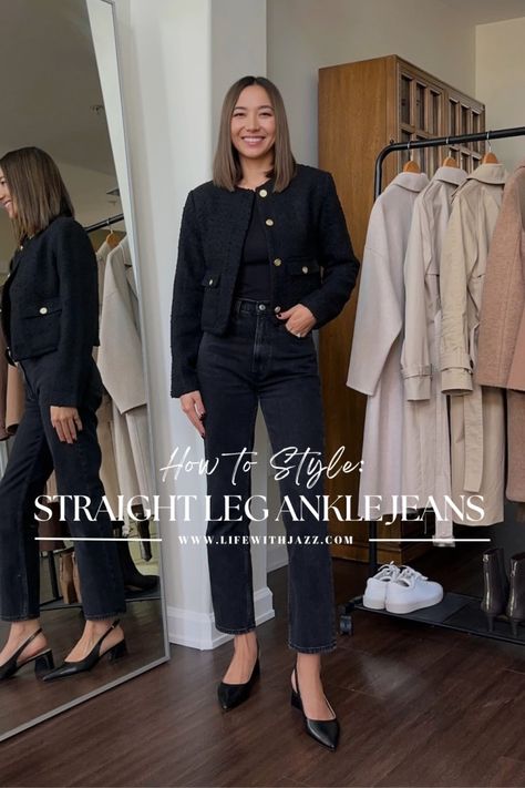 How to Style Straight Leg Ankle Jeans: 3 Outfit Ideas - LIFE WITH JAZZ Straight Leg Ankle Jeans Outfit, Ankle Straight Jeans Outfit, Ankle Jeans Outfit, Black Smart Casual, Life With Jazz, Straight Leg Ankle Jeans, Straight Jeans Outfit, Franco Sarto Boots, Collarless Jacket