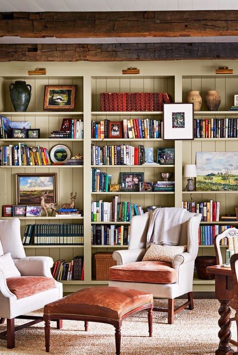 Eclectic Built Ins, Rustic Bookshelves Wall, Old House Living Room Remodel, Old Built In Bookshelves, English Country Bookshelves, Rachel Halvorson Design, How To Make A New Build Cosy, Family Room Bookshelves, Vintage Built In Bookshelves