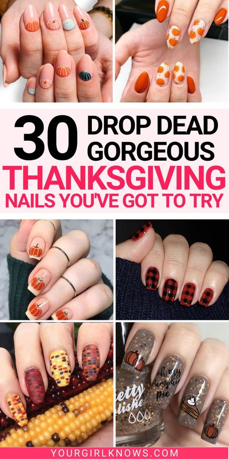 Thanksgiving is a time for family, friends, and lots of delicious food. But it's also the perfect opportunity to show off your festive nails! From glittery designs to simple accents, we've gathered 30 of the cutest Thanksgiving nail ideas to inspire you. Which one will you choose? Gel Nail Designs For Thanksgiving, Acrylic Thanksgiving Nails, Sns Thanksgiving Nails, Thanksgiving Nails Fall Short, Thanksgiving Nails Natural, Short Fall Gel Nail Designs, Thanksgiving Gel Nail Designs, Thanksgiving Fingernails, Thanksgiving Manicure Ideas