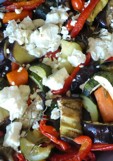 Roasted Feta Veggies, Roasted Veggies With Feta, Roasted Vegetables With Feta, Vegtable Salad, Greek Vegetables, Roasted Mediterranean Vegetables, Easy Roasted Vegetables, Roasted Veggies In Oven, Roasted Vegetable Salad