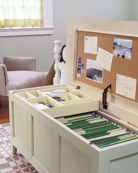 Turn a chest or bench into an elaborate filing cabinet. | 42 Storage Ideas That Will Organize Your Entire House Office Organization Tips, Mini Office, Storage Trunk, Office Crafts, Furniture Hacks, Home Office Organization, Office Storage, File Cabinet, Mini House