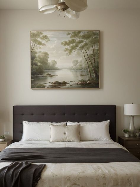 Create a calming oasis with nature-inspired artwork for your bedroom. Hang a serene landscape painting above your bed and complement it with botanical prints on the walls for a touch of tranquility. Painting Above Bed, Serene Nature, Serene Landscape, Above Bed, Landscape Painting, Botanical Prints, Nature Inspired, Landscape Paintings, Oasis