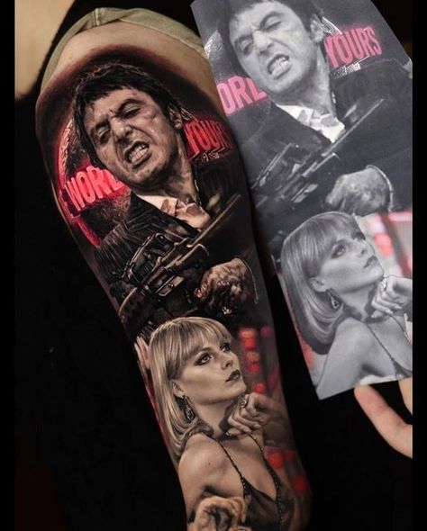 Say Hello To My Little Friend, Scarface Tattoo Sleeve, The World Is Yours Tattoo Scarface, Tony Montana Tattoo, Scarface Tattoo Design, Scarface Tattoo, Goodfellas Tattoo, Movie Character Tattoos, Montana Tattoo