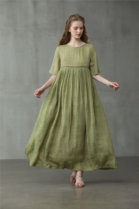 Empired Linen Dress Soft Olive Pintucked Dress Maxi Dress | Etsy Finland Casual House Outfit, Maxi Dress Linen, Red Linen Dress, Little House On The Prairie, Linen Fashion, Short Sleeve Maxi Dresses, Flared Dress, Dress Stores Online, Loose Fitting Dresses