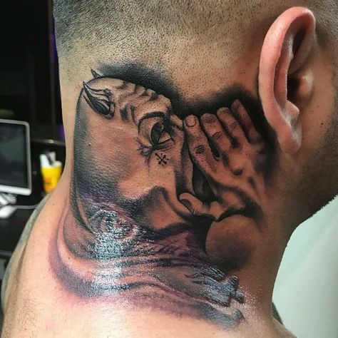 Whispering Into Ear, Devil Whispering In Ear, Devil Whispering In Ear Tattoo, In Ear Tattoo, Whispering In Ear, Ear Tattoo Design, Devil Tattoo, Neck Tattoo For Guys, Blue Tattoo