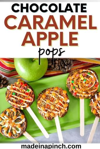 Chocolate Caramel Apple Pops - Made In A Pinch Apple Slices On A Stick, Candy Apple Slices, Candied Apples Slices, Caramel Apple Lollipops, Caramel Apple Dessert, Apple Pops, Diy Caramel, Caramel Apple Pops, Chocolate Caramel Apples