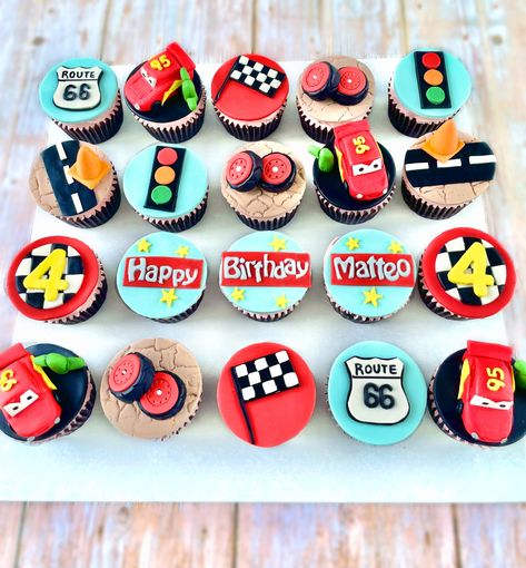 Disney Cars Cupcake Cake, Cars Movie Cupcakes, Cars Themed Cupcakes, Car Cupcakes For Boys, Car Birthday Cupcakes, Disney Cars Cupcakes For Boys, Lightning Mcqueen Cupcakes, Car Themed Cupcakes, Mcqueen Cupcakes