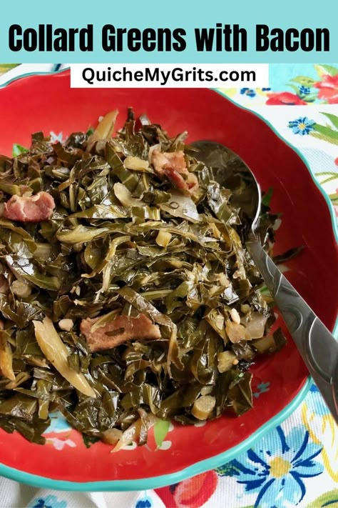 Red bowl with turquoise rim and collard greens with bacon, a metal spoon resting in it. Collard Greens Recipe With Bacon, Collard Green Recipes, Collard Greens Recipe Soul Food, Best Collard Greens Recipe, Easy Collard Greens Recipe, How To Cook Collards, Greens With Bacon, Collard Greens With Bacon, Greens Recipe Soul Food