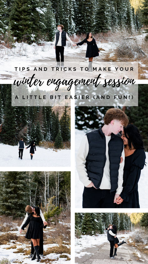 Photo collage of a couple taking pictures in the snowy mountains. Couple Photo Outfits Winter, Cold Weather Engagement Photo Outfits, Couple Photoshoot Winter Outfit Ideas, Engagement Photos Winter Outfit, Engagement Outfits Winter, Winter Engagement Photos Outfits What To Wear, November Engagement Pictures Outfit, December Engagement Pictures, Couple Winter Photoshoot