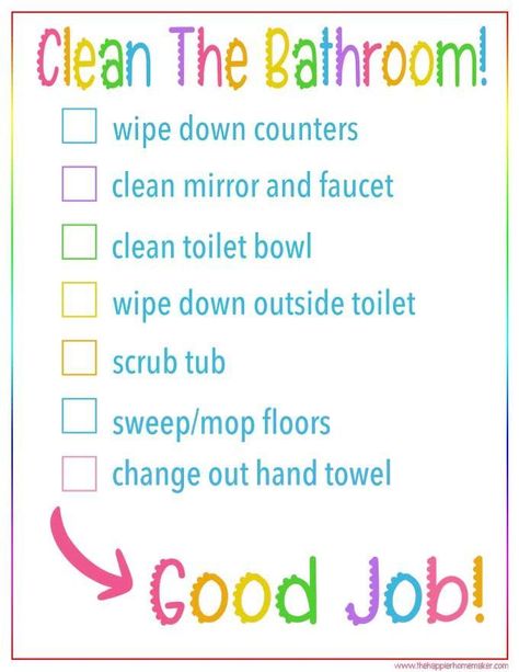 Help kids know exactly what's required when cleaning the bathrooms with this printable, colorful Kids Bathroom Cleaning Checklist. Bathroom Checklist, Bathroom Cleaning Checklist, Kids Bathroom Colors, Putz Hacks, Homemade Toilet Cleaner, Clean Baking Pans, Clean Toilet Bowl, Cleaning Faucets, Cleaning Painted Walls