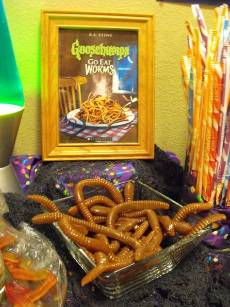 GOOSEBUMPS (R.L. Stine) | CatchMyParty.com Goosebumps Birthday Party Decorations, Goosebumps Birthday Party, Goosebumps Birthday, Goosebumps Party, Framed Book, Stranger Things Halloween, 9th Birthday Parties, Birthday Halloween Party, Halloween Party Themes