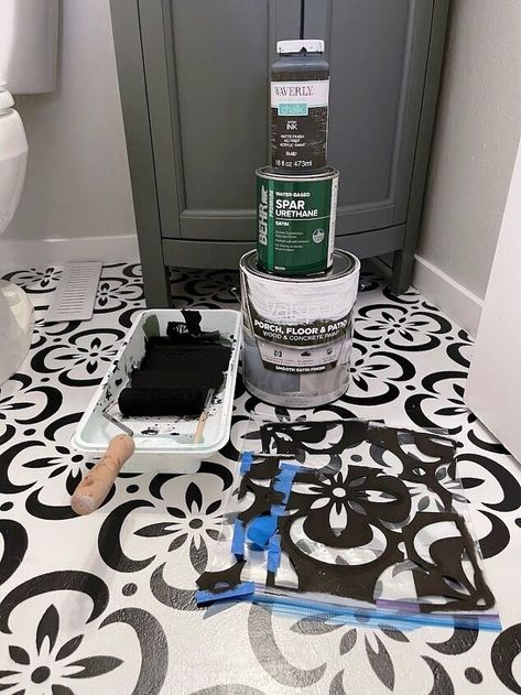 Bathroom Floor Makeover, Before After Bathroom, Vinyl Bathroom Flooring, Stencil Concrete, Painted Concrete Steps, Floor Makeover, Porch Paint, Painted Concrete Floors, Painted Front Porches