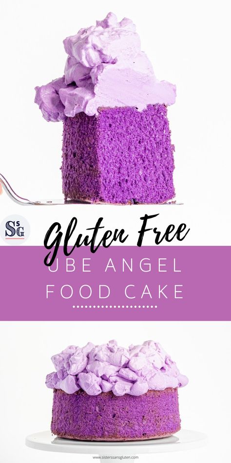 This incredibly fluffy and light angel food cake is flavored, and colored, with ube – or purple yam – and topped with ube whipped cream! Ube Sponge Cake Recipe, Ube Whipped Cream, Gluten Free Ube Cake, Taro Cake Recipe, Ricotta Cupcakes, Ube Cheesecake Recipe, Ube Recipe, Gluten Free Sponge Cake, Ube Cheesecake