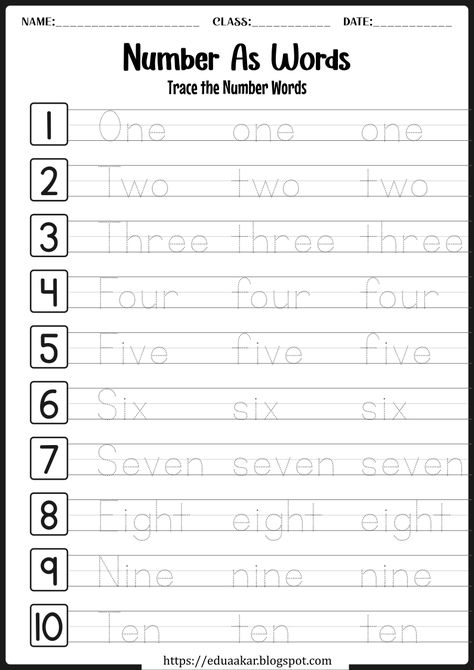 Number Spelling Activities, Kindergarten Worksheets Free Printables Handwriting Practice, Number English, Kindergarten Syllabus, Preschool Homework, Kindergarten Numbers, Number Words Worksheets, Word Tracing, Learning Kindergarten