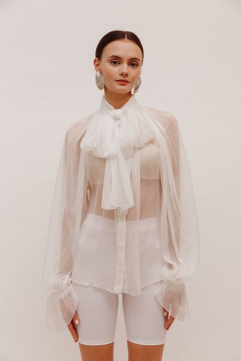 Zoom - WHITE SILK CHIFFON shirt with attached scarf Chiffon Scarf Outfit, White Chiffon Blouse, Silk Chiffon Blouse, Chiffon Shirt Blouse, Basic Blouses, Scarf Outfit, Eid Dresses, Chiffon Scarf, Find Peace