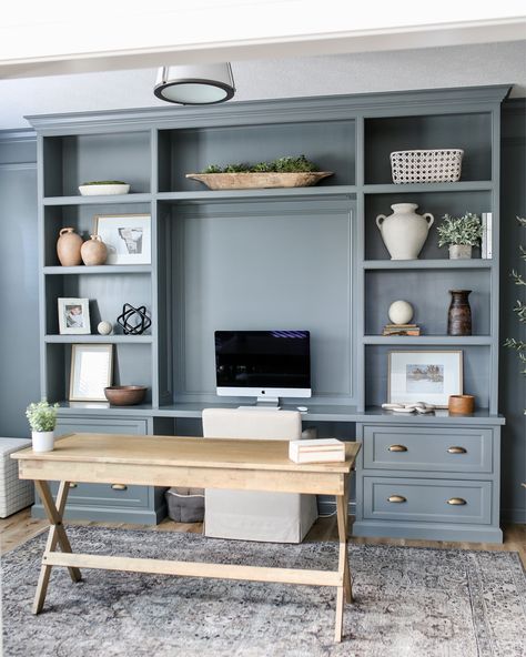 Asymmetrical Office Built Ins, Home Office Built In Cabinets, Office Built In Cabinets And Desk, Office Built In Cabinets, Architecture Workspace, Built In Cabinets Living Room, Light Blue Office, Siting Room, White Upholstered Chair