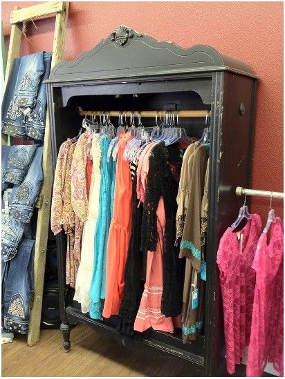 I need an old armoire! Anyone? Vintage Clothing Display, Antique Mall Booth, Clothing Store Displays, Dressing Room Closet, Boutique Display, Clothing Displays, Boutique Decor, Op Shop, Boutique Interior