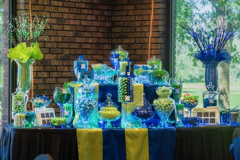 Our Blue and Green Candy buffet Green And Blue Graduation Party Ideas, Green And Blue Party Decorations, Blue And Green Sweet 16, Blue Green And Yellow Party Decor, Blue And Green Dessert Table, Blue And Green Graduation Party, Royal Blue Candy Buffet, Candy Buffet Graduation Party, Green Candy Buffet