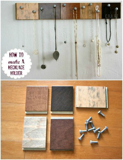 Create a jewelry organizer with a few things you can pick up at a hardware store or find in your home.  :D Samples Diy, Diy Necklace Holder, Diy Jewelry Organizer, Jewerly Organizer, Flooring Samples, Vintage Jewelry Diy, Diy Storage Rack, Diy Jewelry To Sell, Diy Organizer