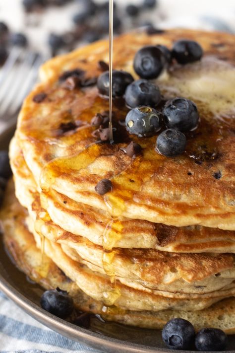 Blueberry Buttermilk Pancakes with Chocolate Chips! - Pip and Ebby Fluffy Buttermilk Pancake Recipe, Recipe With Chocolate Chips, Chocolate Chips Recipe, Buttermilk Pancakes Recipe, Chocolate Chip Pancakes Recipe, Banana Chocolate Chip Pancakes, Blueberry Buttermilk Pancakes, Homemade English Muffins, Pancake Recipe Buttermilk