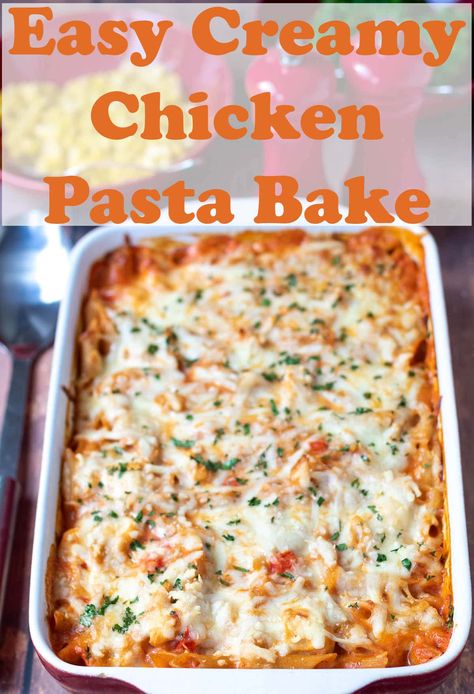 This easy creamy chicken pasta bake is made with no actual cream but still tastes all creamy and cheesy. Comfort food all the family will love! #neilshealthymeals #creamychickenpastabake #chickenpastabake #nocreampastabake Baked Creamy Pasta, One Pan Chicken Pasta Bake, Creamy Chicken Pasta Bake Recipes, Baked Chicken Pasta Casserole, Healthy Chicken Pasta Bake, Chicken Pasta Bake Recipes Easy, Low Calorie Chicken Pasta, Chicken Pasta Red Sauce, Chicken Pasta Bake Recipes