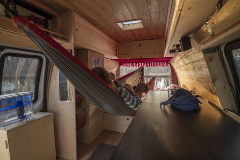 Just put a hammock in. ~Guest Bed~ - Imgur Campervan Bed, Mercedes Camper, Camping Storage, Hammock Bed, Campervan Life, Build A Camper Van, Build A Camper, Van Life Diy, Van Car