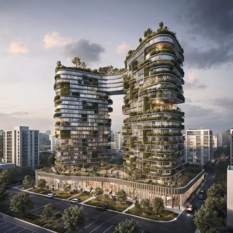 The future of architecture is GREEN? Futuristic symbiotic complex with green balconies, sun breakers, and louvers. A modern, sustainable living space harmonizing with nature. . . . #sustainablearchitecture #GreenDesign #AIArchitecture #UrbanOasis #FuturisticLiving #EcoFriendly #GreenBuilding #SmartDesign #UrbanJungle #EnvironmentalDesign #NatureIntegration #InnovativeArchitecture #SustainableLiving #GreenSpaces #ArchitecturalPhotography #EcoUrbanism #ModernLiving #SustainableFuture #Climate... Sun Breakers, Green Futuristic, Green Tower, Green Terrace, Green Construction, Commercial Complex, Innovative Architecture, Green Street, Green Architecture