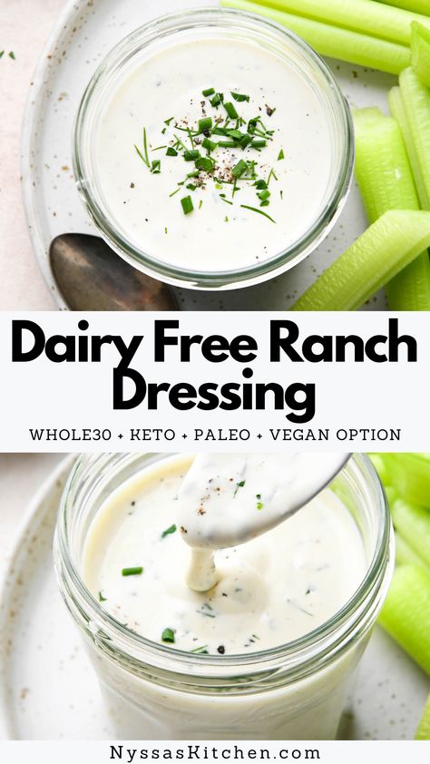 This dairy free ranch dressing is made with a few simple ingredients that you likely already have on hand. Made without milk or dairy and it's ready in less than 5 MINUTES! So delicious as a dip or a salad dressing. A healthy and tasty alternative to everyone's favorite sauce. Whole30, paleo, gluten free, dairy free, vegan option, keto, low carb. Dairy Free Caesar Dressing, Avocado Lime Ranch, Buttermilk Baking, Dairy Free Ranch, Dairy Free Salad Dressing, Avocado Lime Ranch Dressing, Dairy Free Ranch Dressing, Dairy Free Dressing, Dairy Free Salads