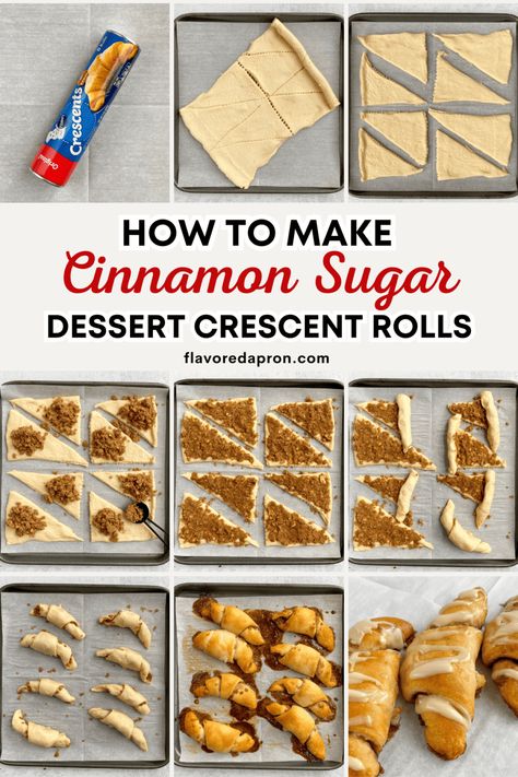 Pinterest pin for cinnamon sugar crescent rolls dessert recipe. Pillsbury Pastry Sheet Recipes, Crescent Rolls Dessert, Dessert Crescent Rolls, Cinnamon Sugar Dessert, Cinnamon Sugar Crescents, Cresent Roll Desserts, Cinnamon Sugar Crescent Rolls, Crescent Desserts, Cinnamon Sugar Desserts