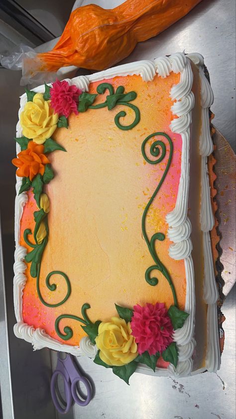 Colorful Sheet Cake, Spring Sheet Cake, Flower Sheet Cake, Sunset Cake, Airbrush Cake Ideas, Fall Themed Sheet Cakes, Cake With Orange Flowers, Birthday Sheet Cake, Sheet Cake Decorating Ideas Birthday