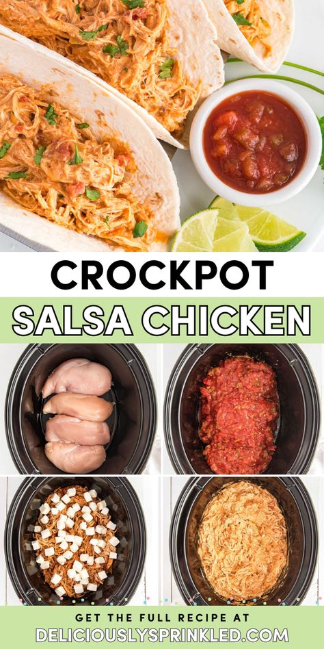 Whip up this crockpot salsa chicken recipe! Tender with lots of flavor, this salsa chicken is perfect for tacos, burrito bowls, and other easy homemade meals. Gotta love a weeknight dinner in the slow cooker! Crockpot Chicken Recipes With Salsa, Crock Pot Taco Chicken Slow Cooker, Crockpot Chicken For Nachos, Chicken And Salsa Crockpot, Chicken Taco Crockpot Recipes, Queso Chicken Crockpot, Chicken Taco Recipes Easy, Crockpot Chicken Recipes Mexican, Crockpot Chicken Taco Recipes