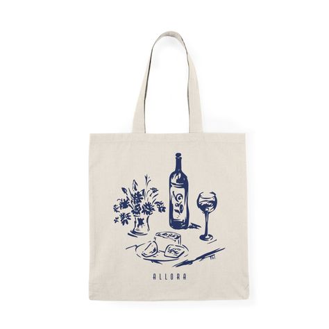 "Allora Wine and Cheese Tote Bag, Hand Drawn Tote Bag, Minimal Tote, Wine and Cheese tote bag, Double Sided Design, A 100% cotton tote bag is the champion of durability, sustainability, and style.  .: Material: 6 oz/yd², 100% natural cotton canvas fabric .: One size: 15\" x 16\" (38.1cm x 40.6cm) .: Convenient self-fabric handles" Wine Bag Design, Summer Tote Bag Design, Canvas Tote Bag Design, Tote Bag Drawing, Tote Bag Inspo, Tote Bags Design, Holiday Tote Bag, Bag Illustration, Wine And Cheese