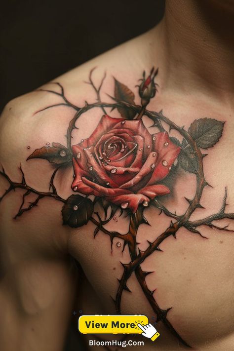 A chest tattoo of a red rose entangled in sharp thorns, symbolizing strength through struggles. Rose With Thorns Tattoo, Rose Tattoo For Men, Tattoo For Men Ideas, Rose With Thorns, Thorns Tattoo, Thorn Tattoo, Tattoo Meaningful, Rose Tattoos For Men, Rose Thorns