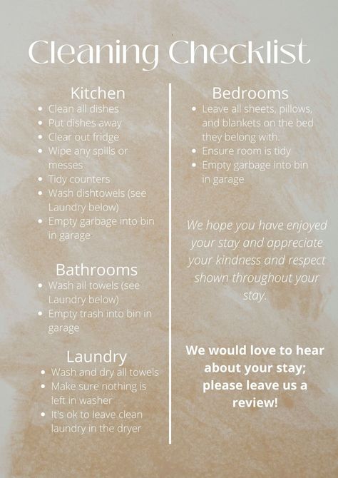 The perfect welcome template for your rental property, Airbnb, or VRBO. Cleaning Checklist includes basics for  Kitchen Bedroom Bathroom & Laundry Editable through Canva to customize based on your home. Each section can be customized or changed based on your needs. Template can also be edited to include your vacation home name or a review QR code link. Welcome Template, Deep Cleaning Checklist, Laundry Ideas, Clean Your House, Weekly Cleaning Schedule, Weekly Cleaning, Bathroom Laundry, Cleaning Checklist, Cleaning Schedule