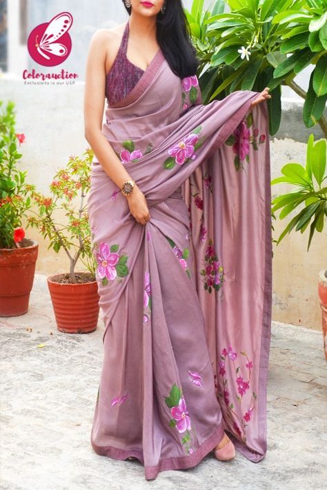 Mauvish Hand Painted Floral Pure Silk Chiffon Saree - Sarees Chiffon Saree Blouse Designs Latest, Hand Painted Sarees Floral, Sifon Saree, Saree Designs Latest, Pure Cotton Sarees, Painted Saree, Saree Painting Designs, Pure Chiffon Sarees, Sarees For Girls