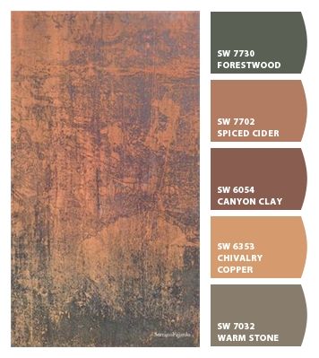 Sherwin Williams Cabin Paint Colors, Paint Colors For Western Decor, Western Paint Palette, Rusty Brown Paint Colors, Rustic Interior Paint Colors Schemes, Rustic Cabin Paint Colors Interiors, Paint Colors That Go With Log Homes, Copper Pallete Color, Cabin Color Palette Interiors